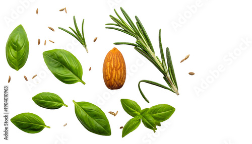 Overhead shot of scattered fresh basil leaves, rosemary sprigs, pine nuts, and almond on black