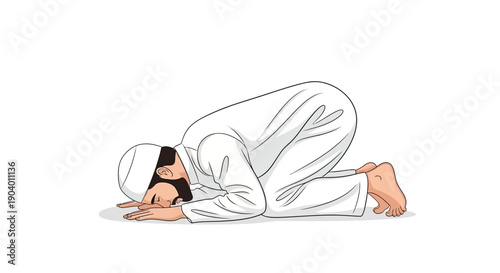 A Muslim man in traditional attire performing a prayer, or Salah, on the floor in a moslem prayer position during Ramadan.