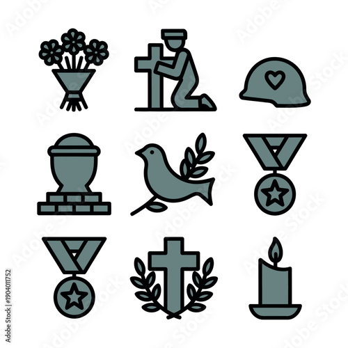 A collection of symbolic icons representing remembrance and memorial, including flowers, a soldier, and a dove.