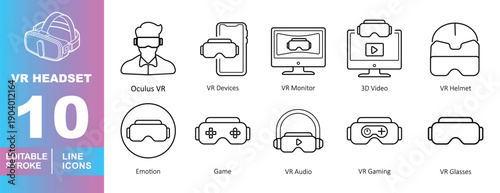 Virtual Reality Headset and Immersive Technology Line Icon Set with Labels. Editable stroke icons for metaverse gaming and digital interface design. Featuring key VR hardware and software concepts