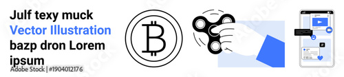 Cryptocurrency, blockchain technology, mobile apps, financial transactions, online interaction, stress relief tools. Bitcoin symbol, smartphone interface, and hand with a fidget spinner