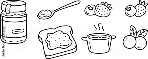 Black and white line of jam preparation with jar spoon bread berries pot and oranges outline
