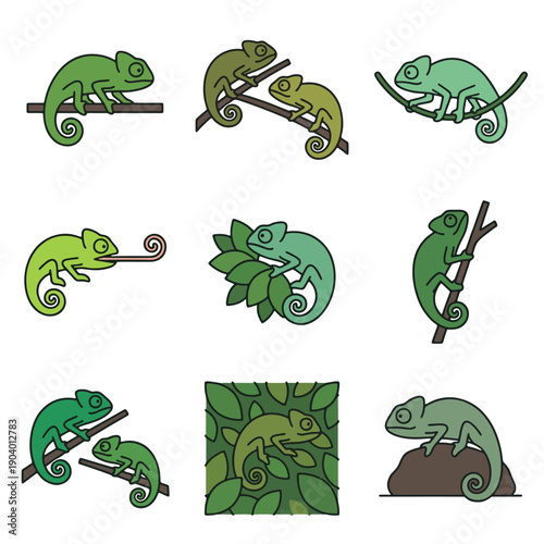 Green Chameleon Encounters Flat Vector Illustration Set