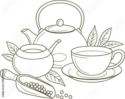 Black and white line of teapot teacup spoon and tea leaves on saucer