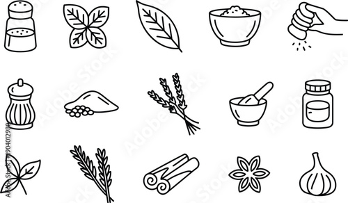 Black and white line of various herbs spices and kitchen ingredients