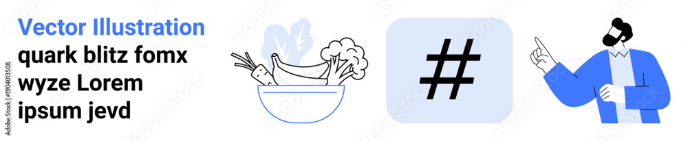 Obraz premium Man gestures to large metadata tag next to a bowl of vegetables including broccoli, carrots, and leafy greens. Ideal for health, trends, social media, wellness, sustainability, communication simple