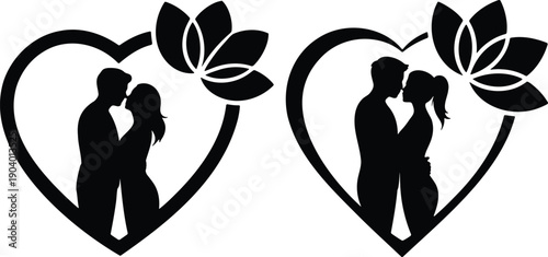 Black Silhouette Couples Kissing Inside Heart Shapes With Flower Accents Monochrome