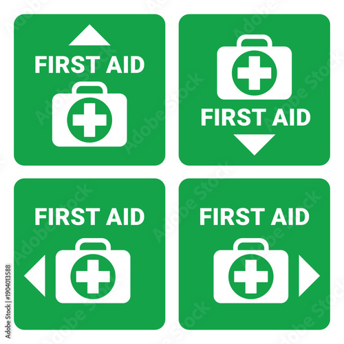 First Aid Kit Location Sign set with arrows, up, down, right and left, green square vector design elements
