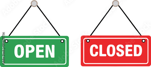 Green O P E N sign and red C L O S E D sign hanging on strings with white text and rounded corners signs