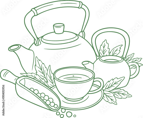 Monochrome line of teapot teacup mint leaves and cardamom pods on saucer