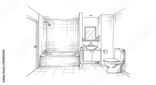 Detailed Sketch of a Modern Bathroom Interior Design.