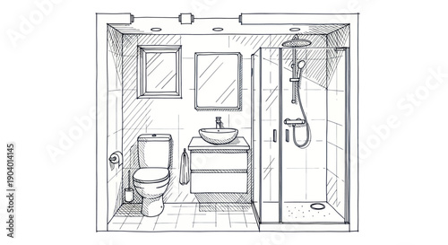 Detailed Sketch of a Modern Bathroom Interior Design with Shower and Toilet.