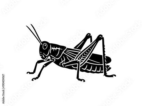 High-contrast black and white locust or grasshopper illustration in a woodcut style. Isolated on a white background, ideal for nature, agriculture, or pest control designs.
