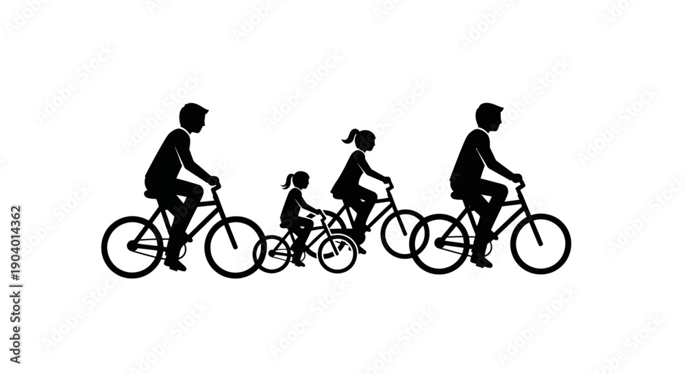 Obraz premium Family of four riding bicycles together in silhouette.