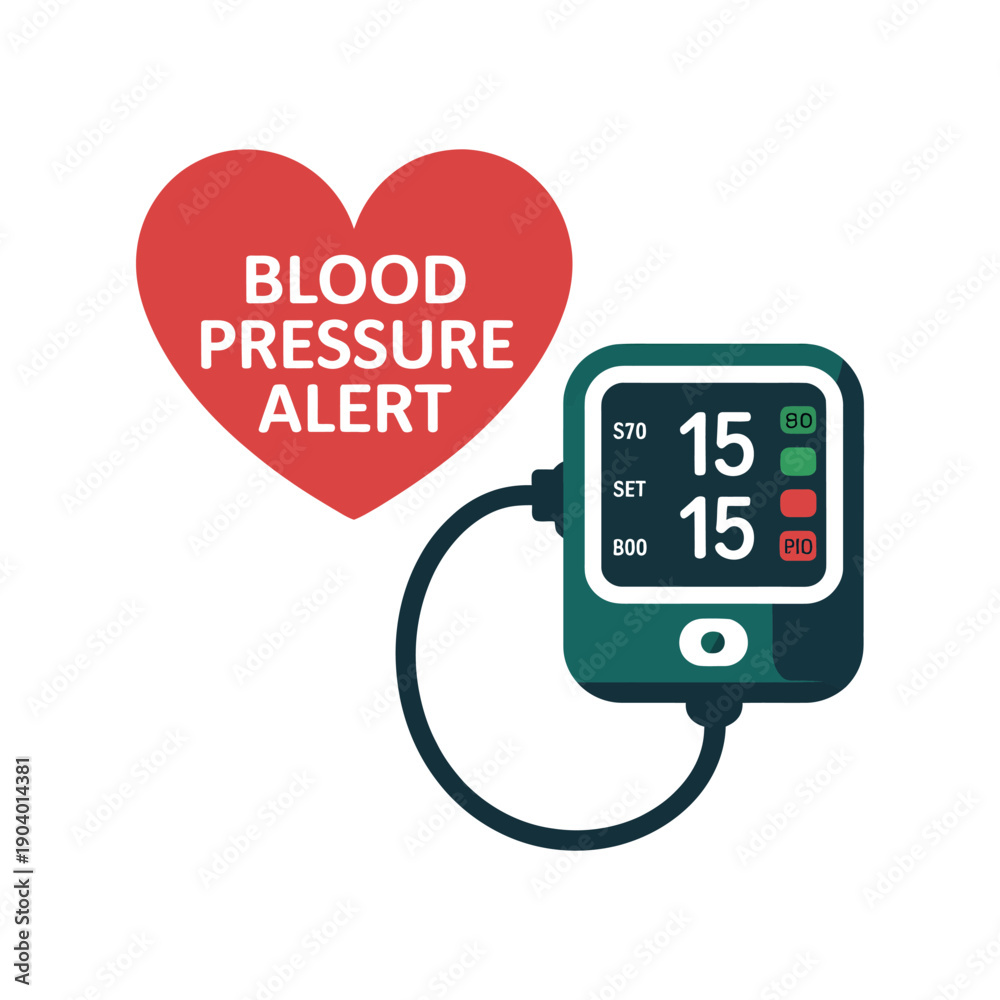 Fototapeta premium A blood pressure monitor with a red heart and alert message on a white background