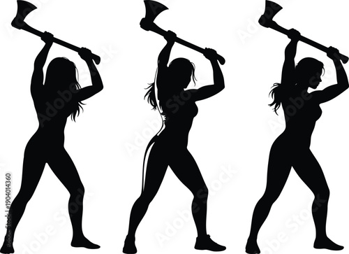Three black female silhouettes holding double headed axes in dynamic poses women figures