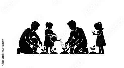 Family planting trees together, nurturing growth and environmental stewardship.
