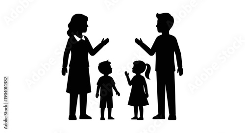 Family silhouette with parents and two children communicating.