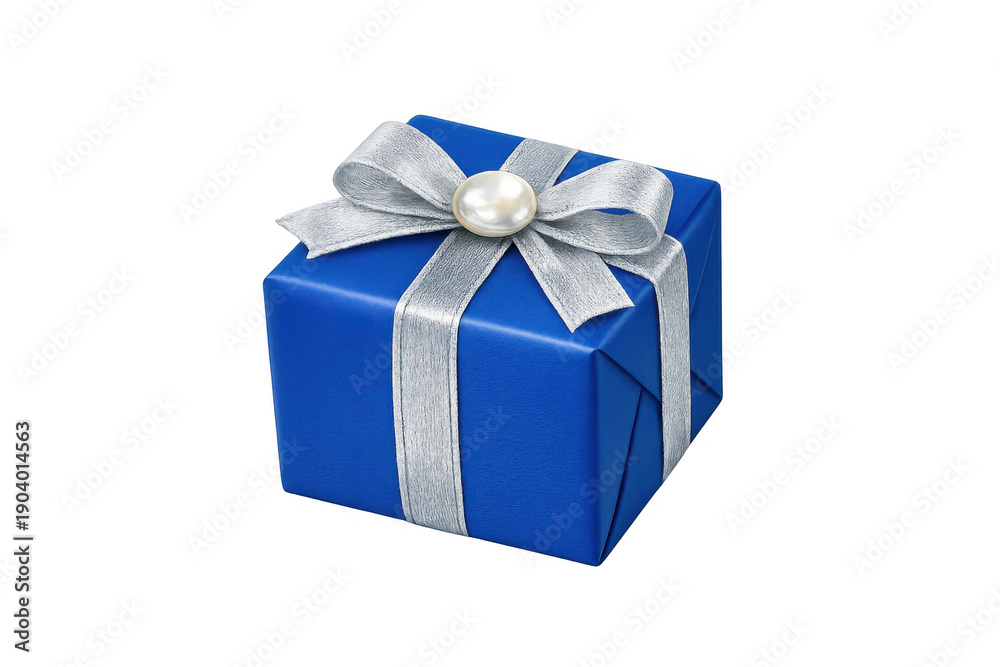 Obraz premium Blue gift box featuring a silver ribbon bow adorned with a pearl, representing holidays, celebrations, and special occasions