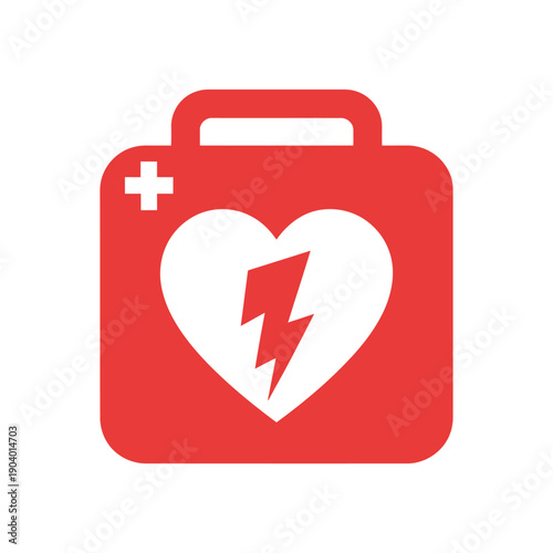 A red first aid kit icon with a heart and lightning bolt on a white background