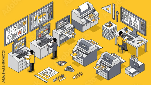 Graphic Design Studio with Computers Printers and Monitors.
