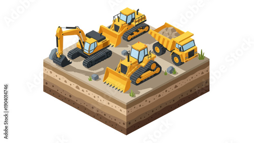 Heavy Construction Equipment on an Isometric Cross-Section of Earth.