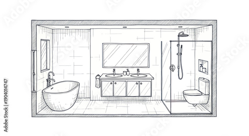 Hand-drawn sketch of a modern bathroom interior design.