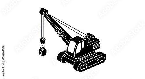 Heavy Duty Crawler Crane Isometric View Black and White Illustration.