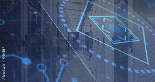 Fotografie Displaying central server racks down data center aisle, with HUD overlays and LE