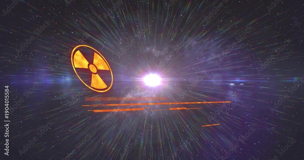 Obraz premium Glowing radioactive trefoil emblem floating left in deep space, showing orange HUD bars, copy space
