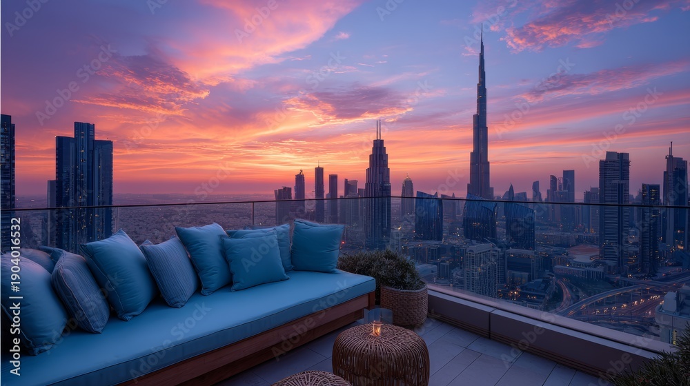 Naklejka premium Rooftop terrace with view of Dubai skyline at sunset with sofa and cushions for relaxation and real estate market insight