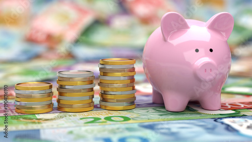 New Zealand currency savings concept with piggy bank and stacked coins