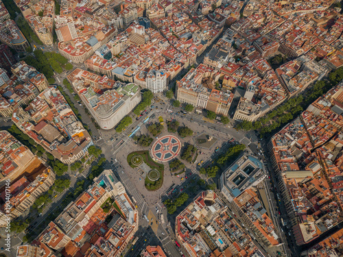 Photography Aerial helicopter view of Pla?a Catalunya in Barcelona, Spain