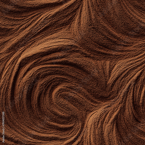 Seamless tiling pattern of finely ground cocoa powder mixed in artistic swirling designs