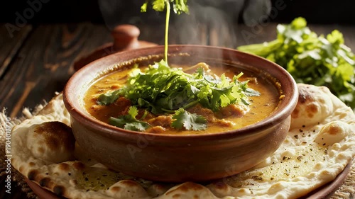 Fresh cilantro being added to a steaming bowl of curry