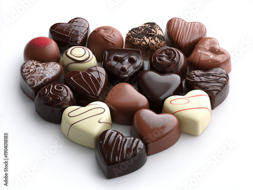 Assorted Heart Shaped Chocolate Pralines Isolated on White Background