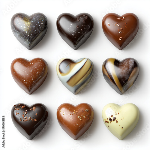Assorted Heart Shaped Chocolate Pralines Isolated on White Background