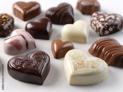 Assorted Heart Shaped Chocolate Pralines Isolated on White Background