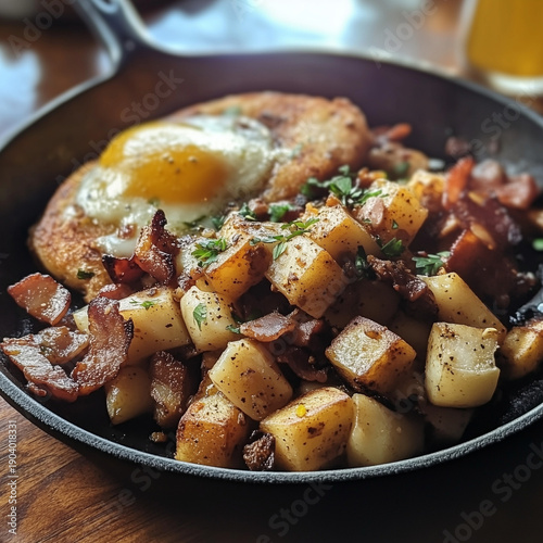 Hearty Breakfast Skillet with Fried Egg, Crispy Bacon and Potatoes