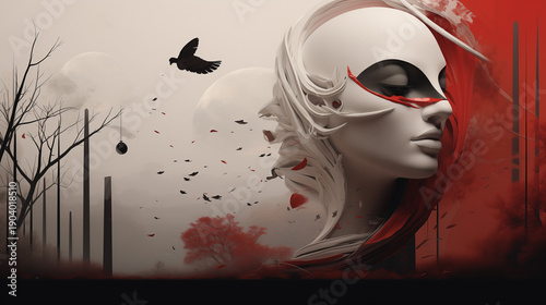 Abstract Surreal Female Makeup Portrait with Red and Black Minimal Landscape