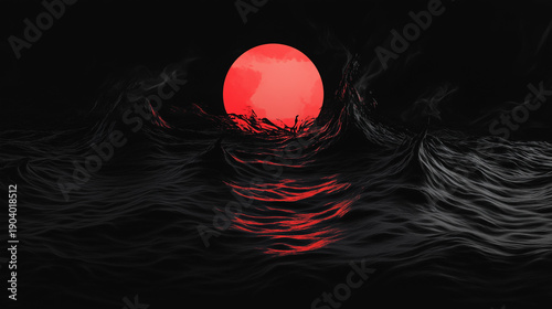 Abstract Red Moon Reflecting Over Dark Ocean Waves