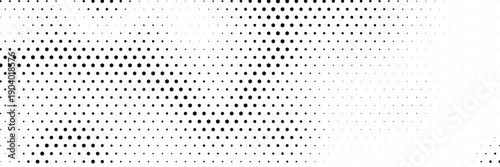 Hexagon halftone gradient texture. Abstract black grunge background. Geometric retro halftone tech overlay. Fading wavy hexagonal pattern backdrop. Vector wallpaper