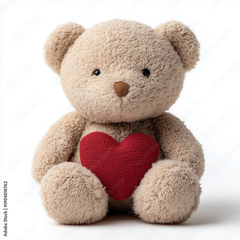 Obraz premium Cute Teddy Bear Holding Heart on White Background
