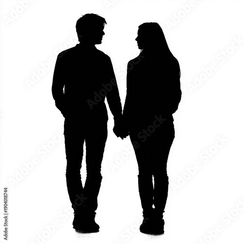 Silhouette of Couple Holding Hands on White Background