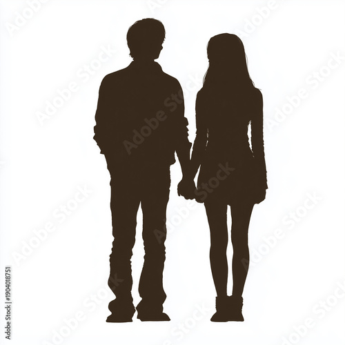 Silhouette of Couple Holding Hands on White Background