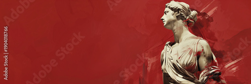 Classical Marble Statue Against Bold Red Minimal Background