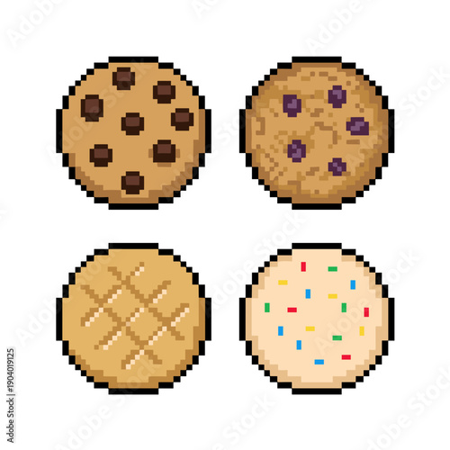 Four pixel art illustrations of different types of cookies: chocolate chip, blueberry, waffle, and sprinkle cookies.