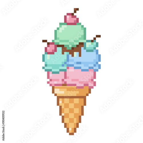 A pixel art illustration of a tall ice cream cone with multiple scoops of different flavors and cherries on top.