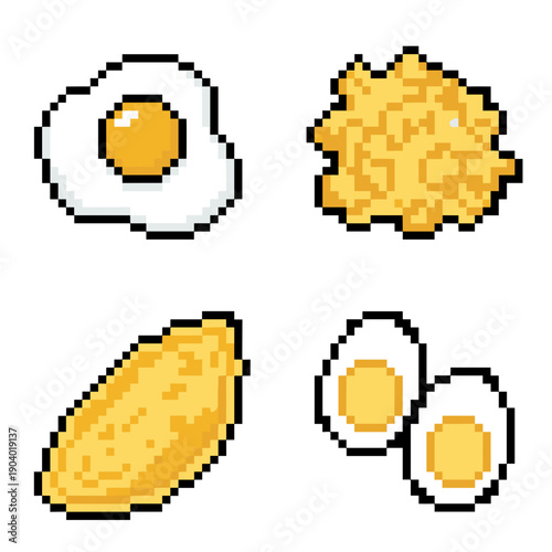 Pixel art illustration of four different breakfast food items: a fried egg, scrambled eggs, a corn cob, and two halves of a hard-boiled egg.