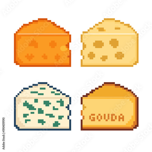 Four pixel art illustrations of cheese wedges, including cheddar, swiss, blue cheese, and gouda.